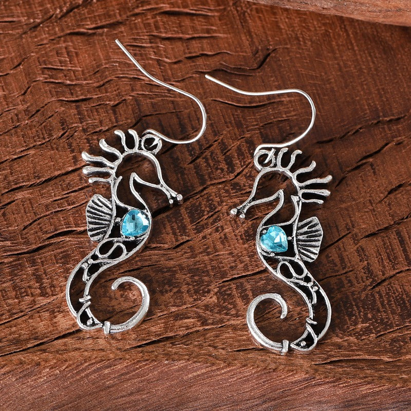 Wholesale Blue Gem Hollow Design Seahorse Fashion Creative Marine Life Earrings